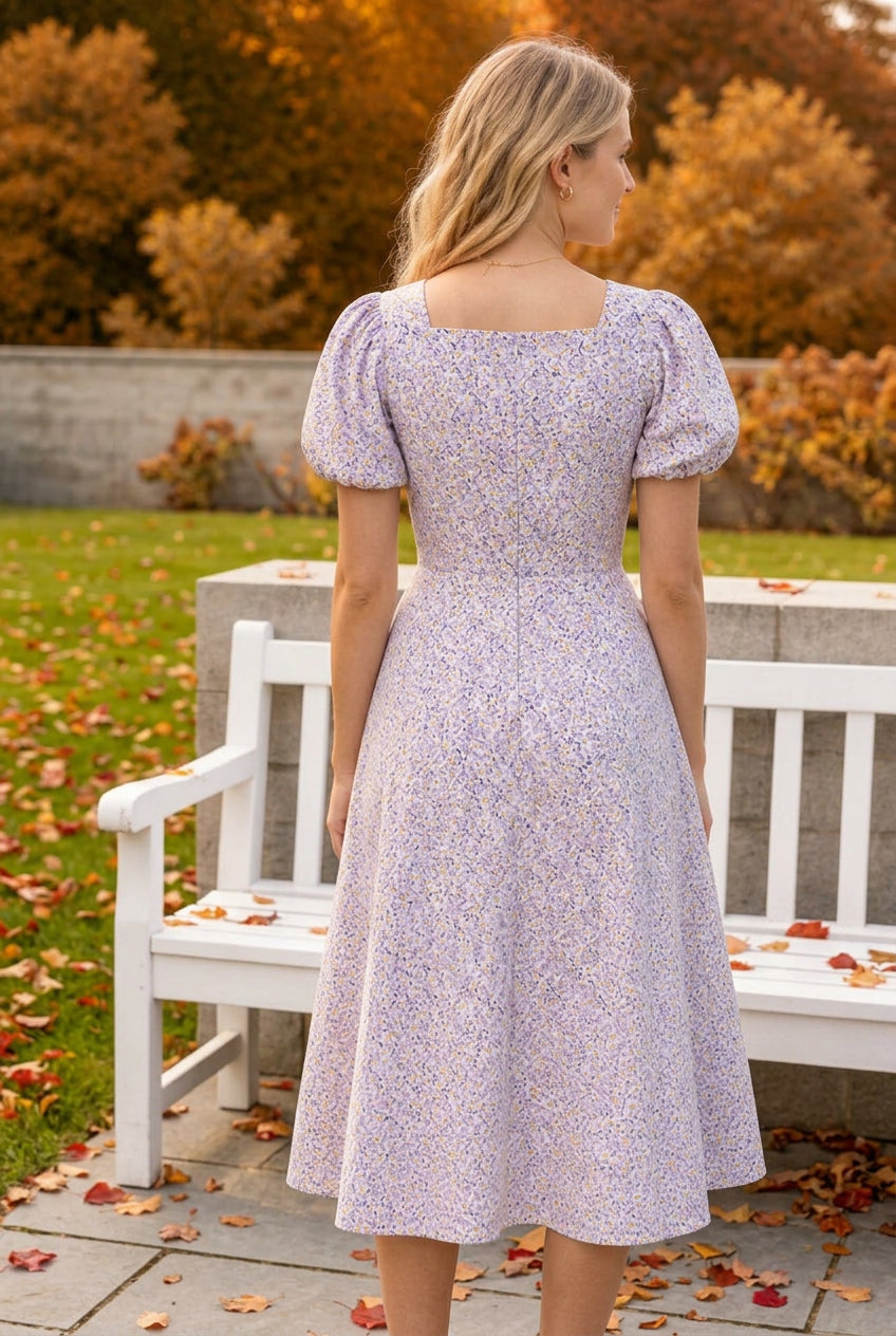 Fit-And-Flare Puff Sleeve Square Neckline Tailored Dress- White Floral
