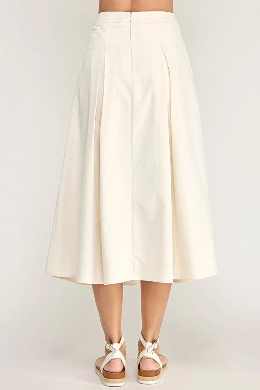 High Rise Waistband Front Pleats A Line Midi Skirt