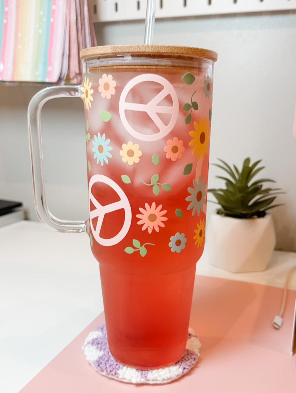 Peace & Flowers Glass Tumbler