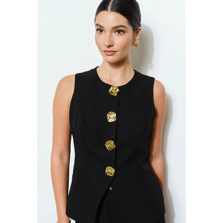 Black Luxe Gold Button Peplum Vest and Pants set