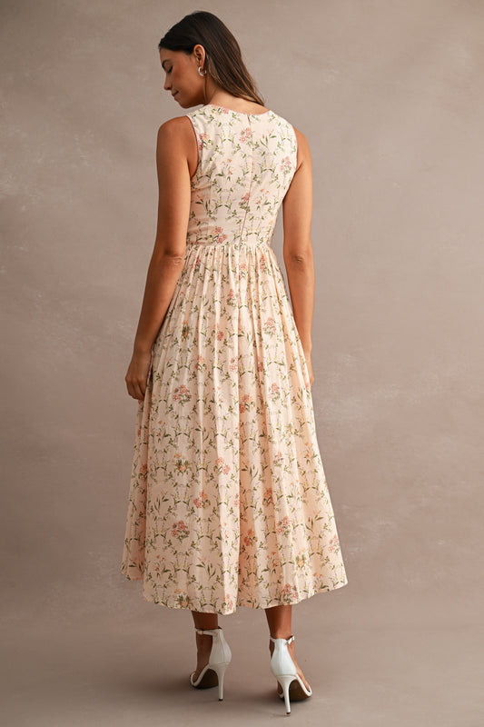 Floral Print Sleeveless Square line Neck Midi Dress