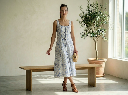 Floral Print Sleeveless Button Front Midi Dress