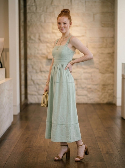 Linen Mix Square Neck Ladder Lace Trim Midi Dress