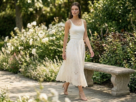 Ivory Eyelet Sweater Combo Midi Dress — On Model - Seated | Generated by Modelize