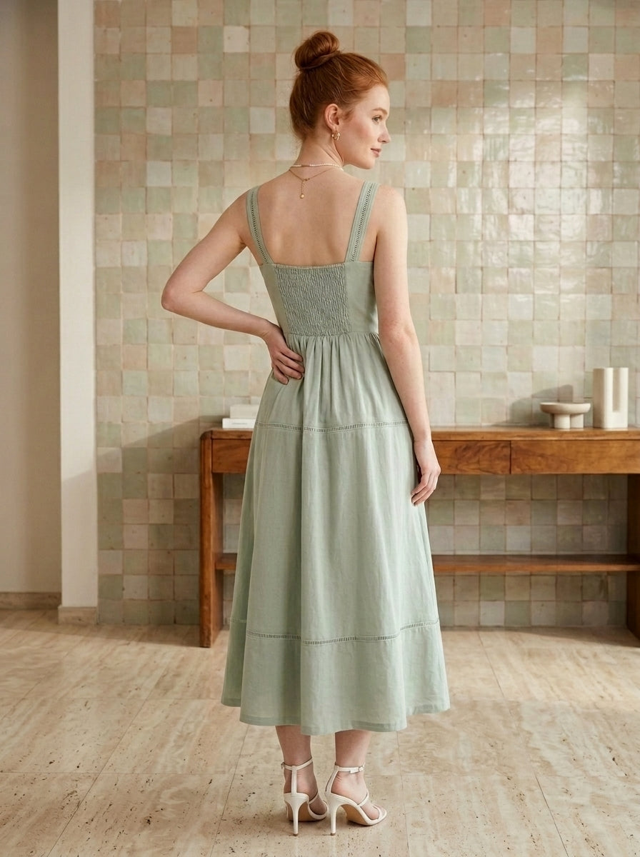 Linen Mix Square Neck Ladder Lace Trim Midi Dress — On Model - Back View | Generated by Modelize