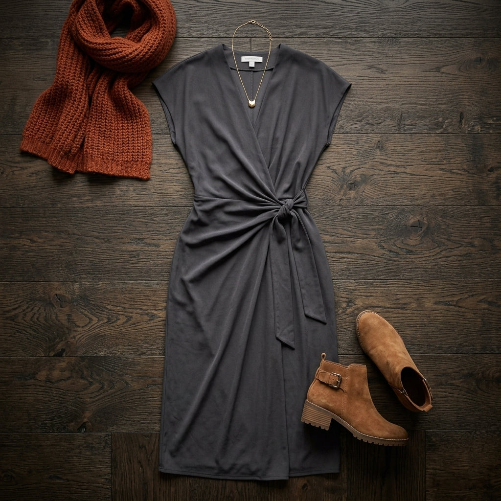 Midi Wrap Dress — Autumn Styling Flat Lay | Generated by Modelize