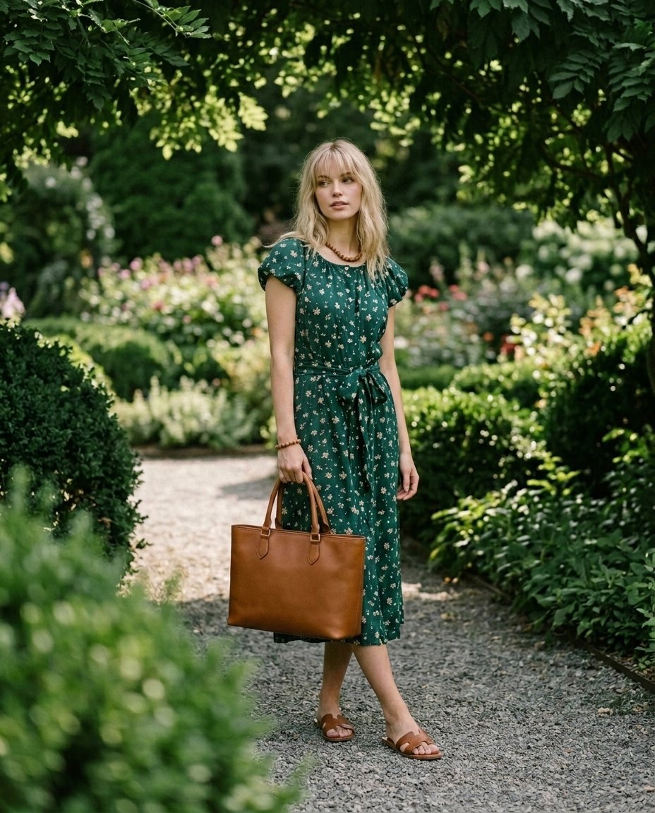 Round neck balloon sleeve button down midi dress