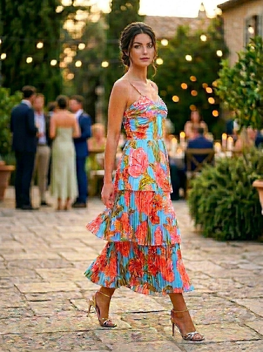 Blue Multi Floral Pleated Tiered Midi Dress