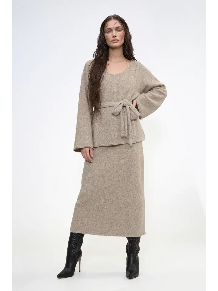 Belted Cable Kint Tunic Top and Maxi Skirt Set