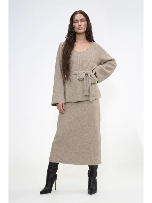Belted Cable Kint Tunic Top and Maxi Skirt Set