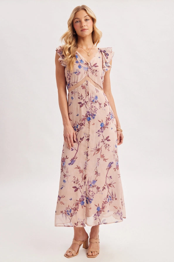 Floral Print Ruffled Sleeve Tie-Back Maxi Dress