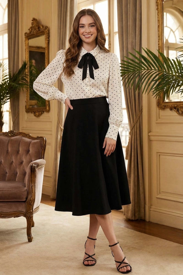Polka Dot Collared Tie Neck Pearl Buttoned Blouse