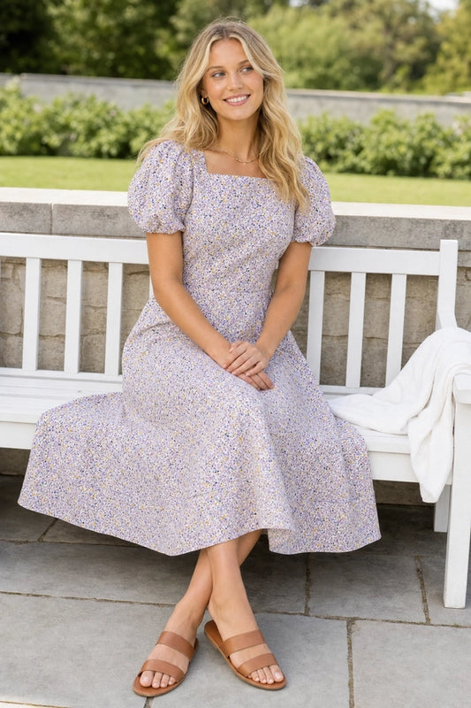 Fit-And-Flare Puff Sleeve Square Neckline Tailored Dress- White Floral