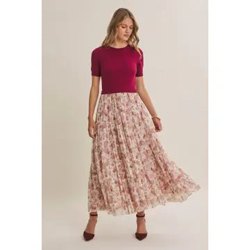 Wine Country Pleated Wildflowers Sweater Twofer Maxi Dress