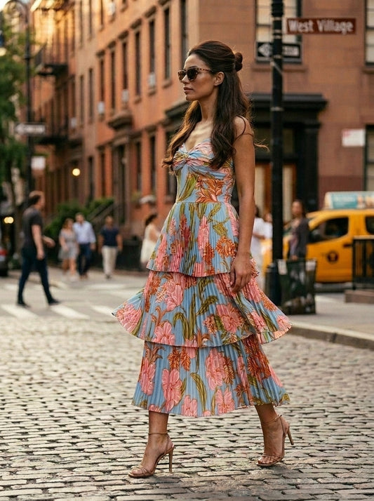 Blue Multi Floral Pleated Tiered Midi Dress