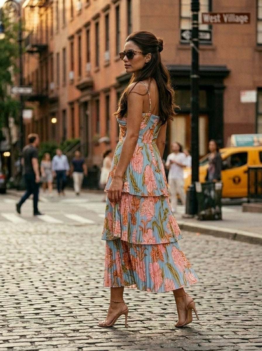 Blue Multi Floral Pleated Tiered Midi Dress
