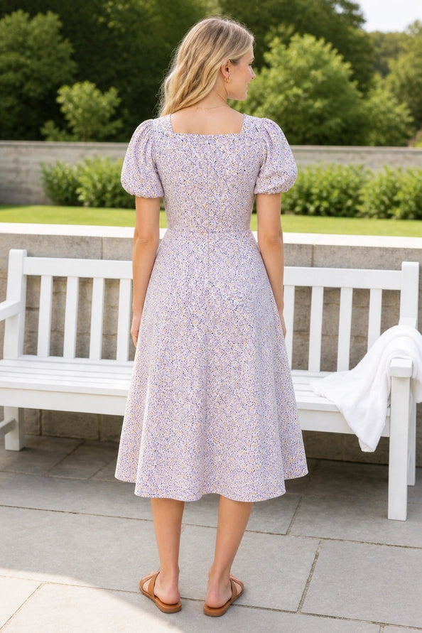 Fit-And-Flare Puff Sleeve Square Neckline Tailored Dress- White Floral