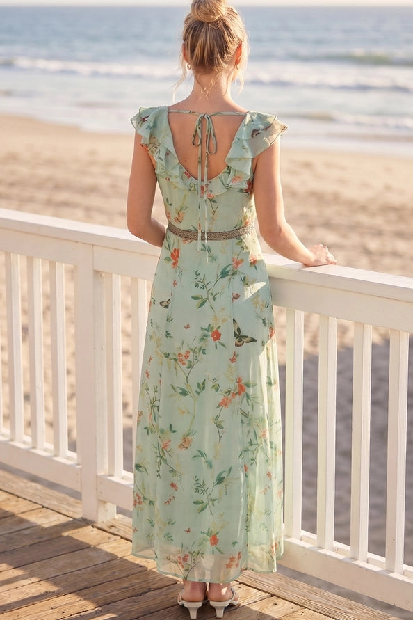 Floral Print Ruffled Sleeve Tie-Back Maxi Dress