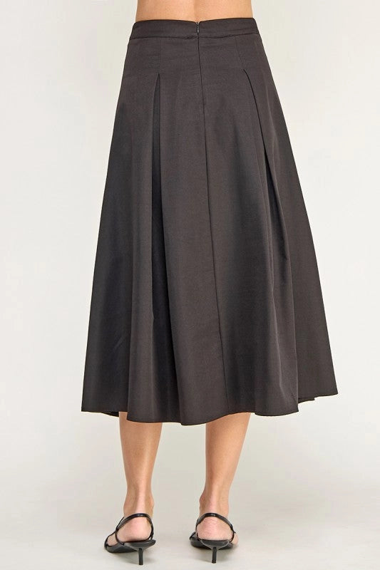 High Rise Waistband Front Pleats A Line Midi Skirt