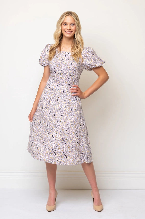 Fit-And-Flare Puff Sleeve Square Neckline Tailored Dress- White Floral