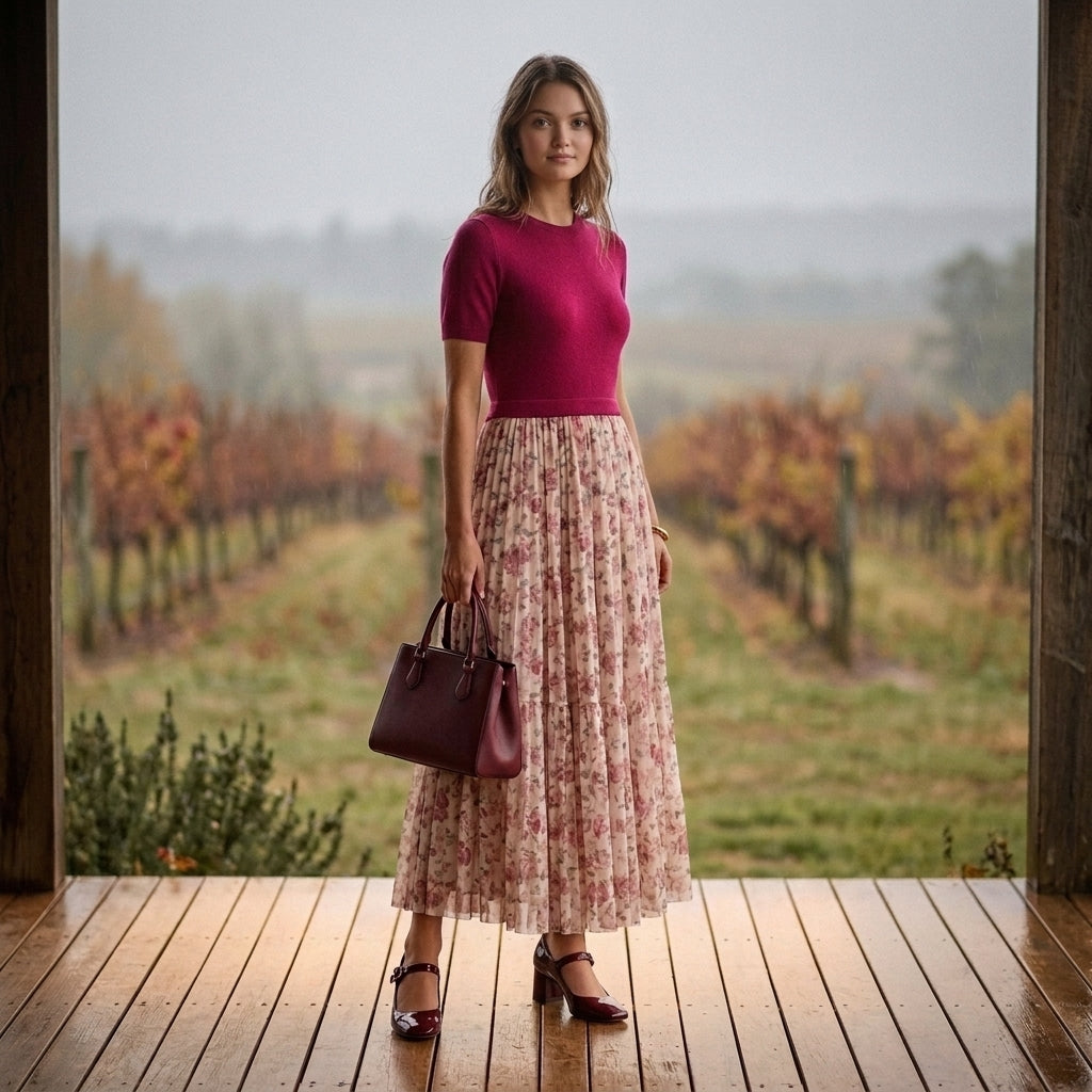 Wine Country Pleated Wildflowers Sweater Twofer Maxi Dress
