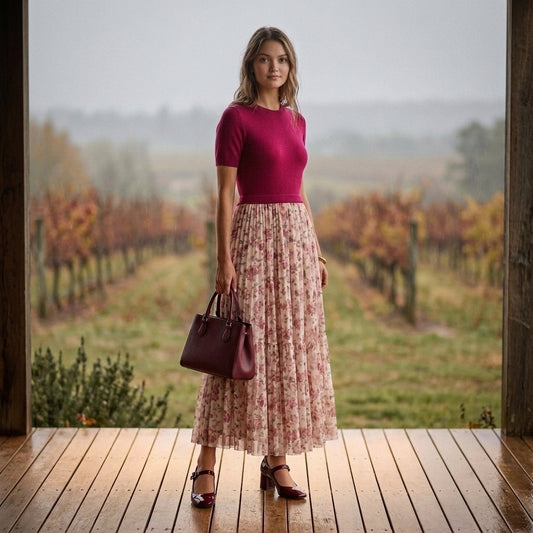 Wine Country Pleated Wildflowers Sweater Twofer Maxi Dress