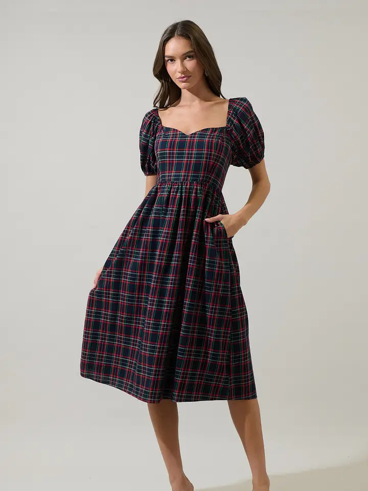 Arvada Plaid Alessi Puff Sleeve Midi Dress