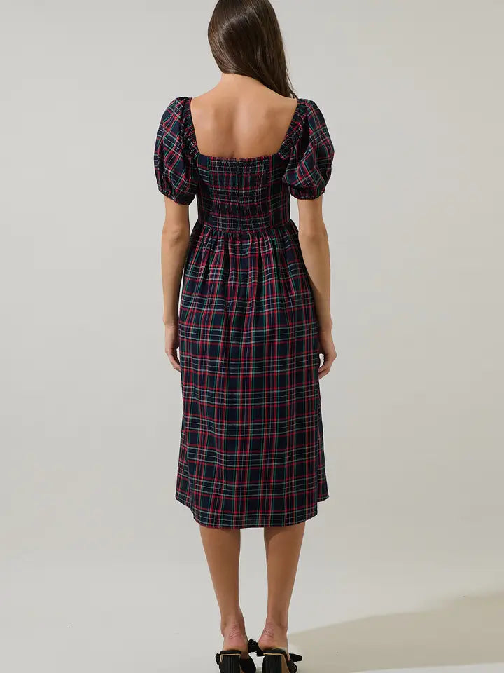 Arvada Plaid Alessi Puff Sleeve Midi Dress