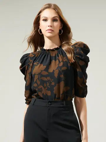 Toffee Floral Drape Sleeve Top