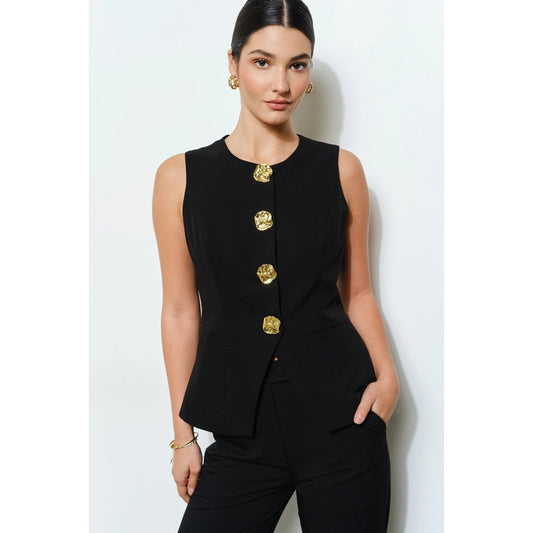Black Luxe Gold Button Peplum Vest and Pants set