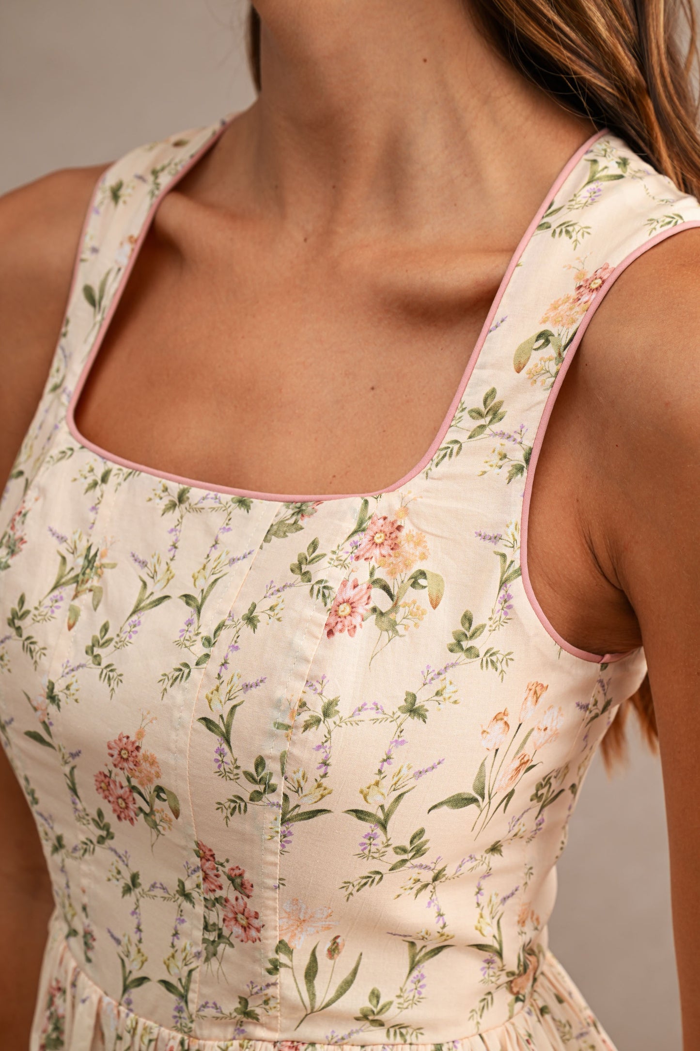 Floral Print Sleeveless Square line Neck Midi Dress
