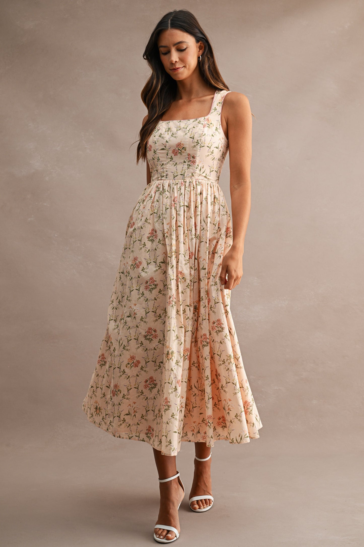 Floral Print Sleeveless Square line Neck Midi Dress