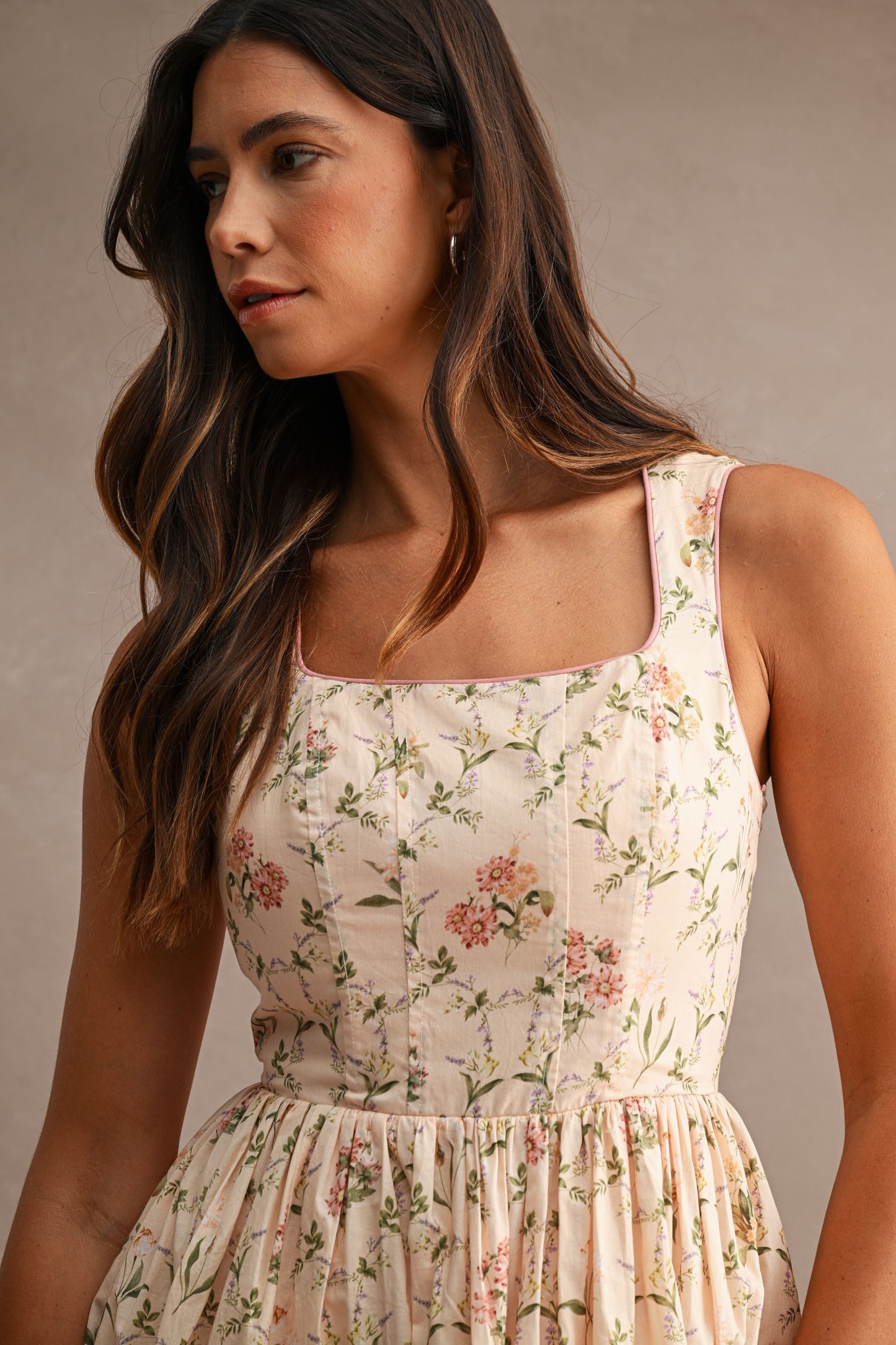Floral Print Sleeveless Square line Neck Midi Dress
