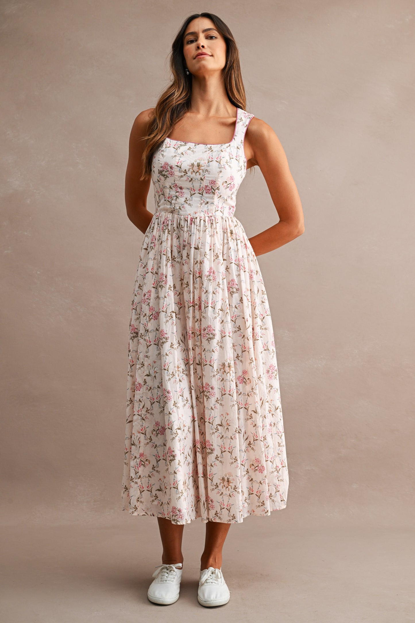 Floral Print Sleeveless Square line Neck Midi Dress
