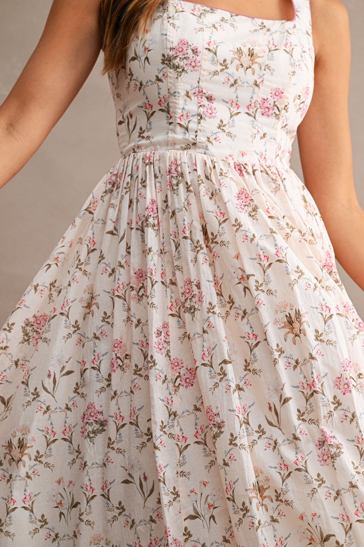 Floral Print Sleeveless Square line Neck Midi Dress