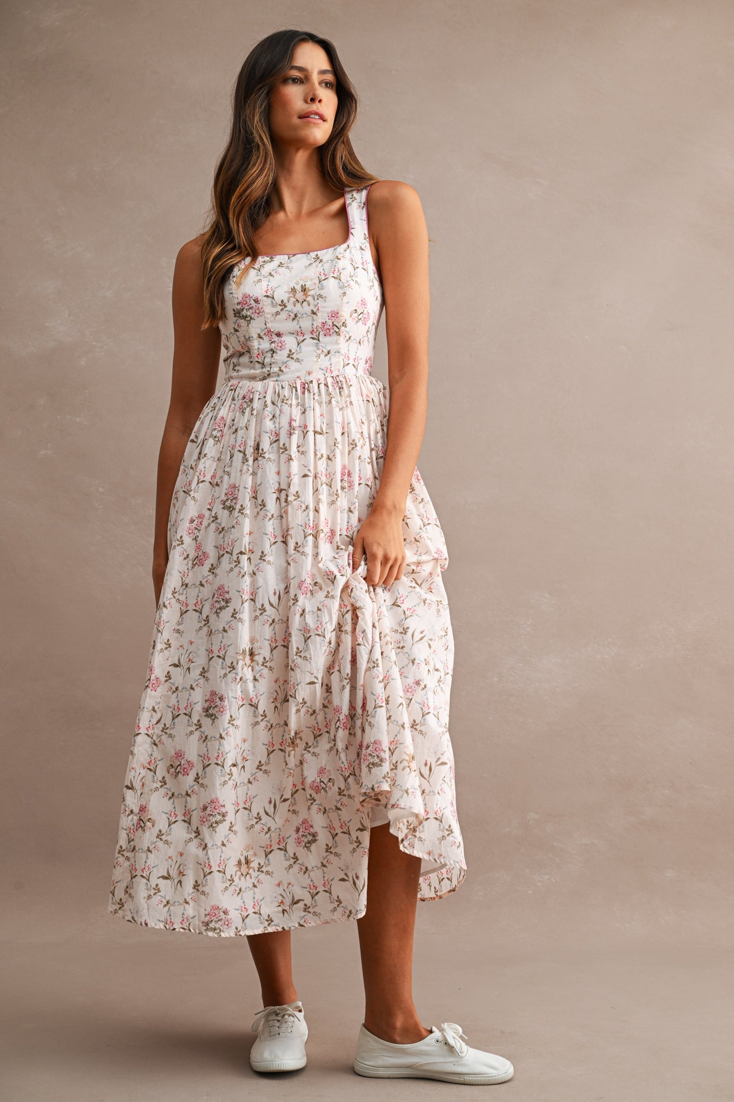 Floral Print Sleeveless Square line Neck Midi Dress