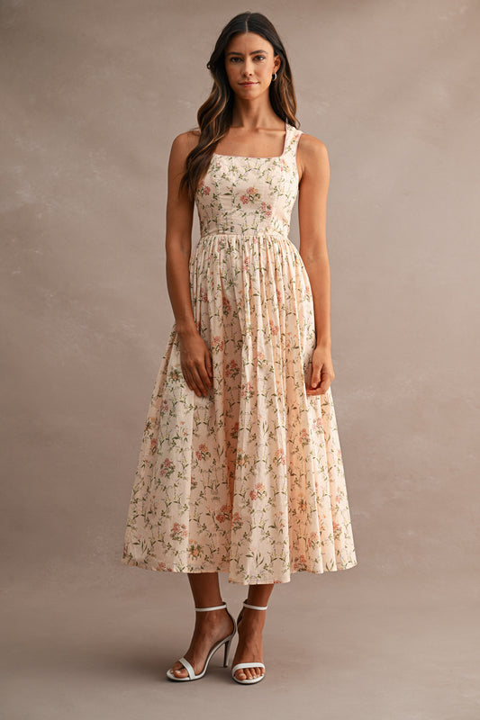 Floral Print Sleeveless Square line Neck Midi Dress
