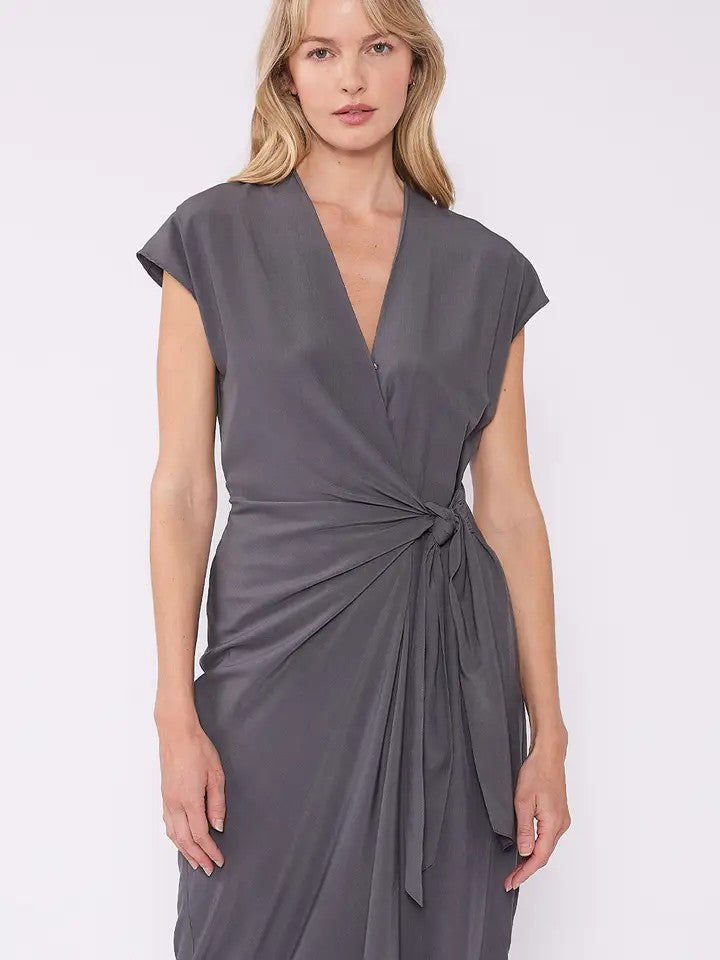 Solid Dolman Cap Sleeve Midi Wrap Dress