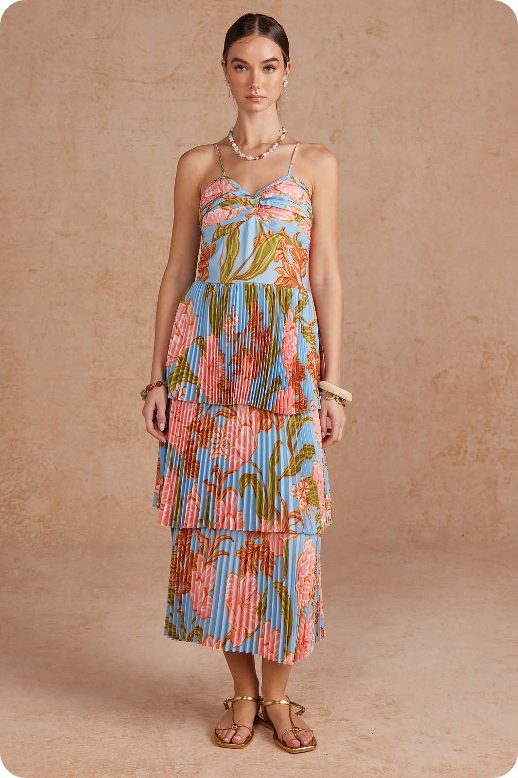 Blue Multi Floral Pleated Tiered Midi Dress