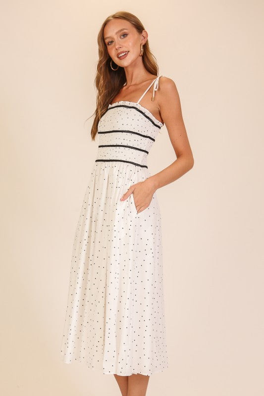 Smocked Polka Dot Midi Dress