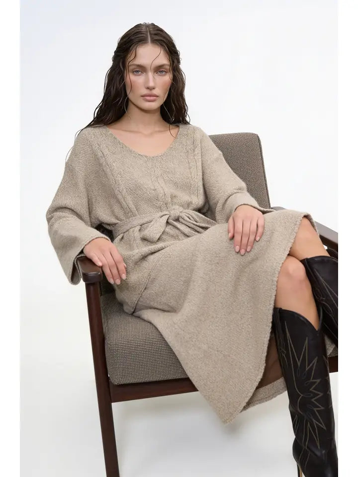 Belted Cable Kint Tunic Top and Maxi Skirt Set