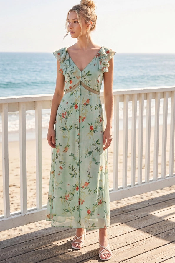 Floral Print Ruffled Sleeve Tie-Back Maxi Dress