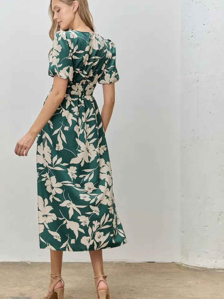 Elegant V-Neck Shirred Waist Midi