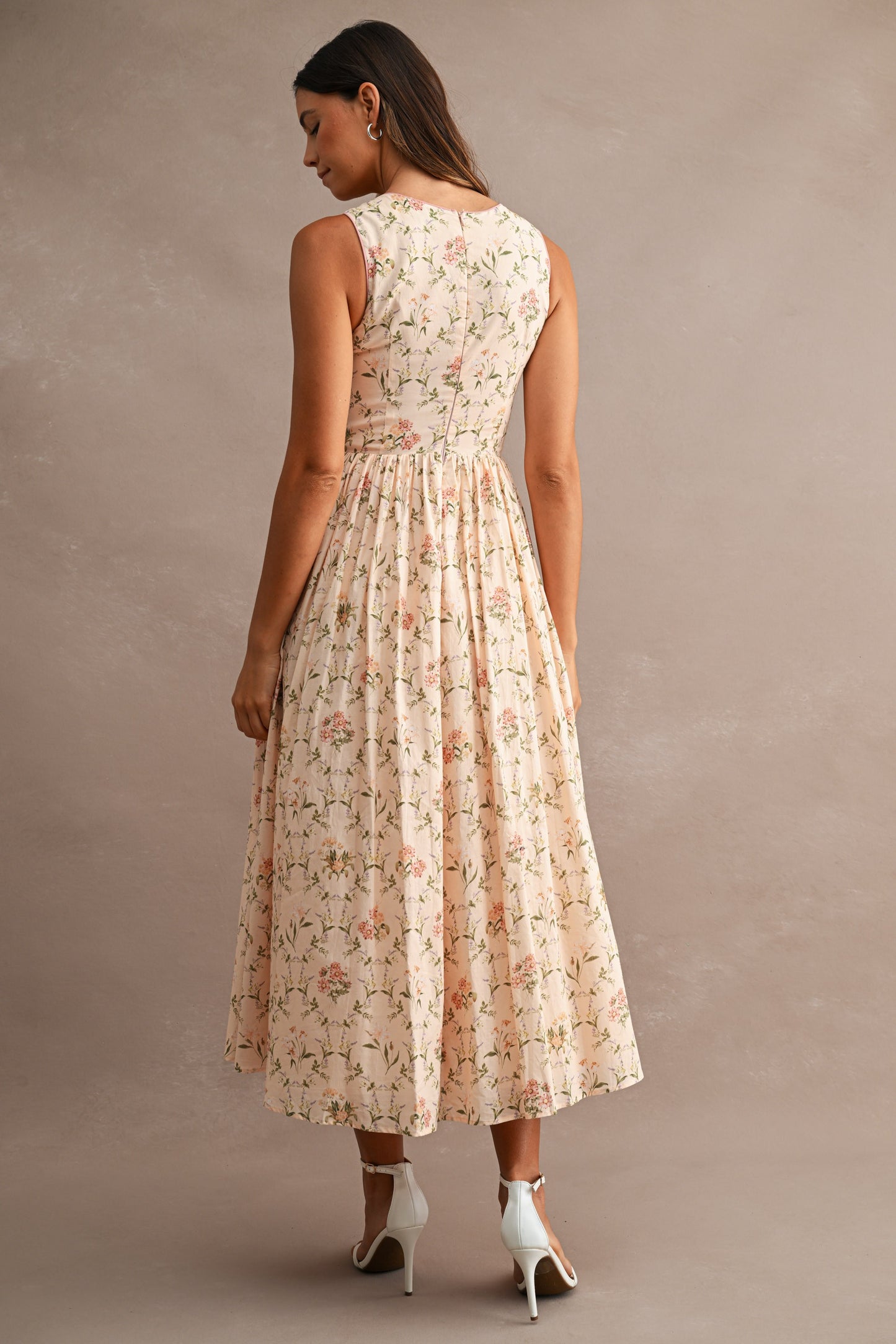 Floral Print Sleeveless Square line Neck Midi Dress