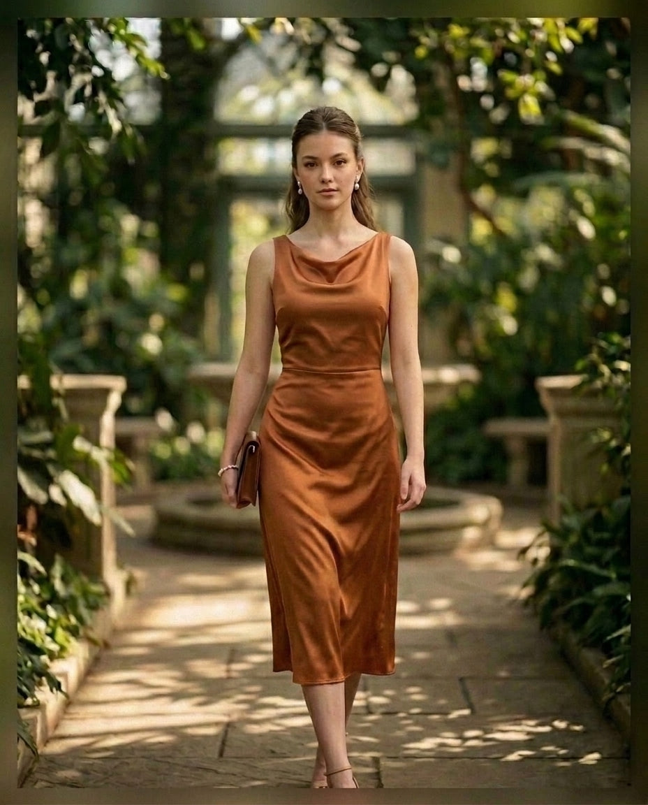 Bronze Satin Midi Dress
