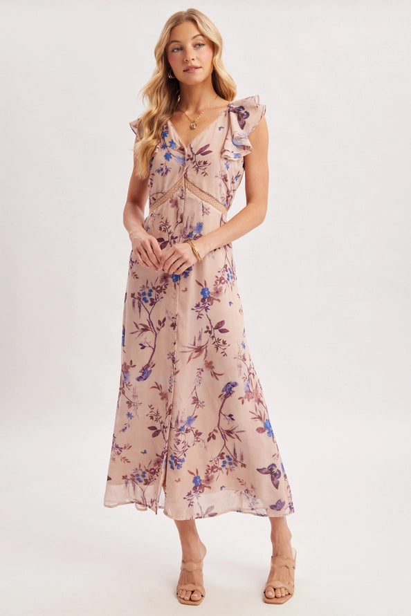 Floral Print Ruffled Sleeve Tie-Back Maxi Dress