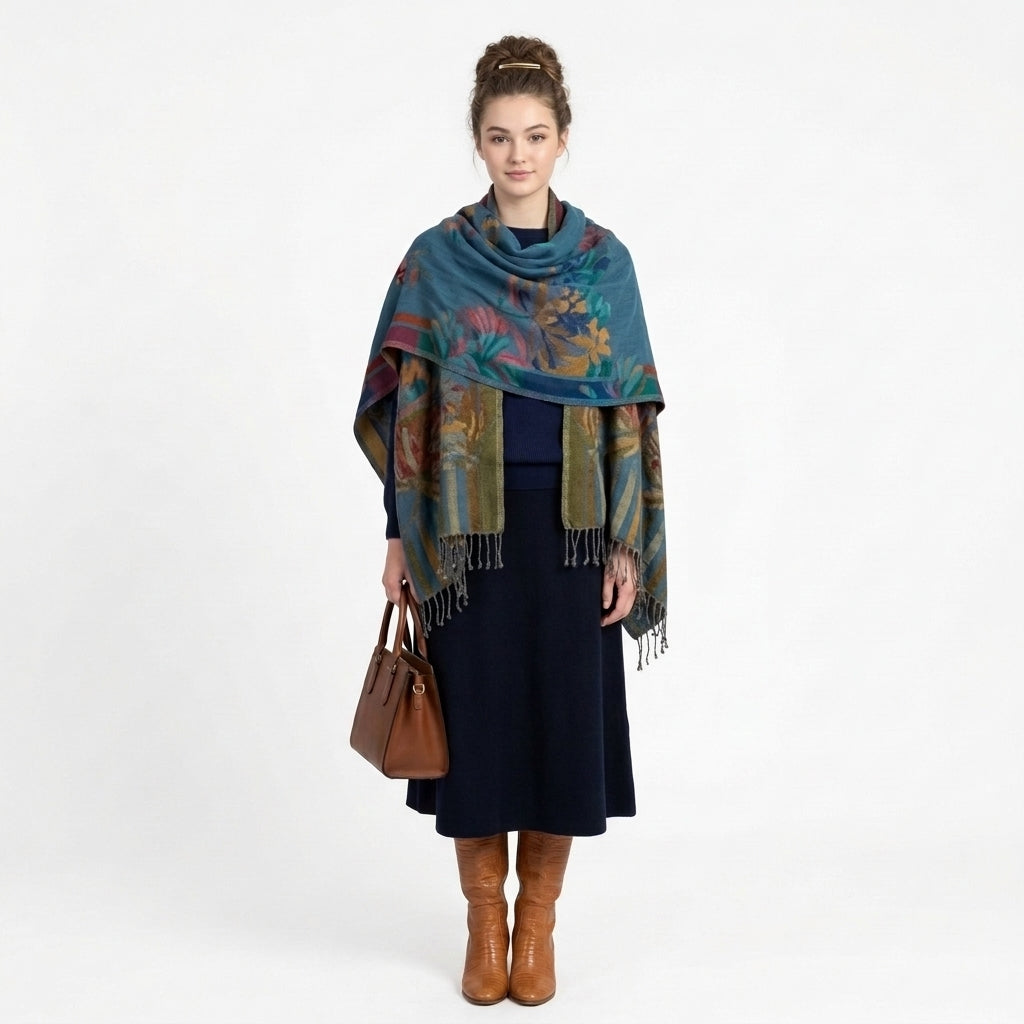 Cool-Toned Floral Reversible Scarf