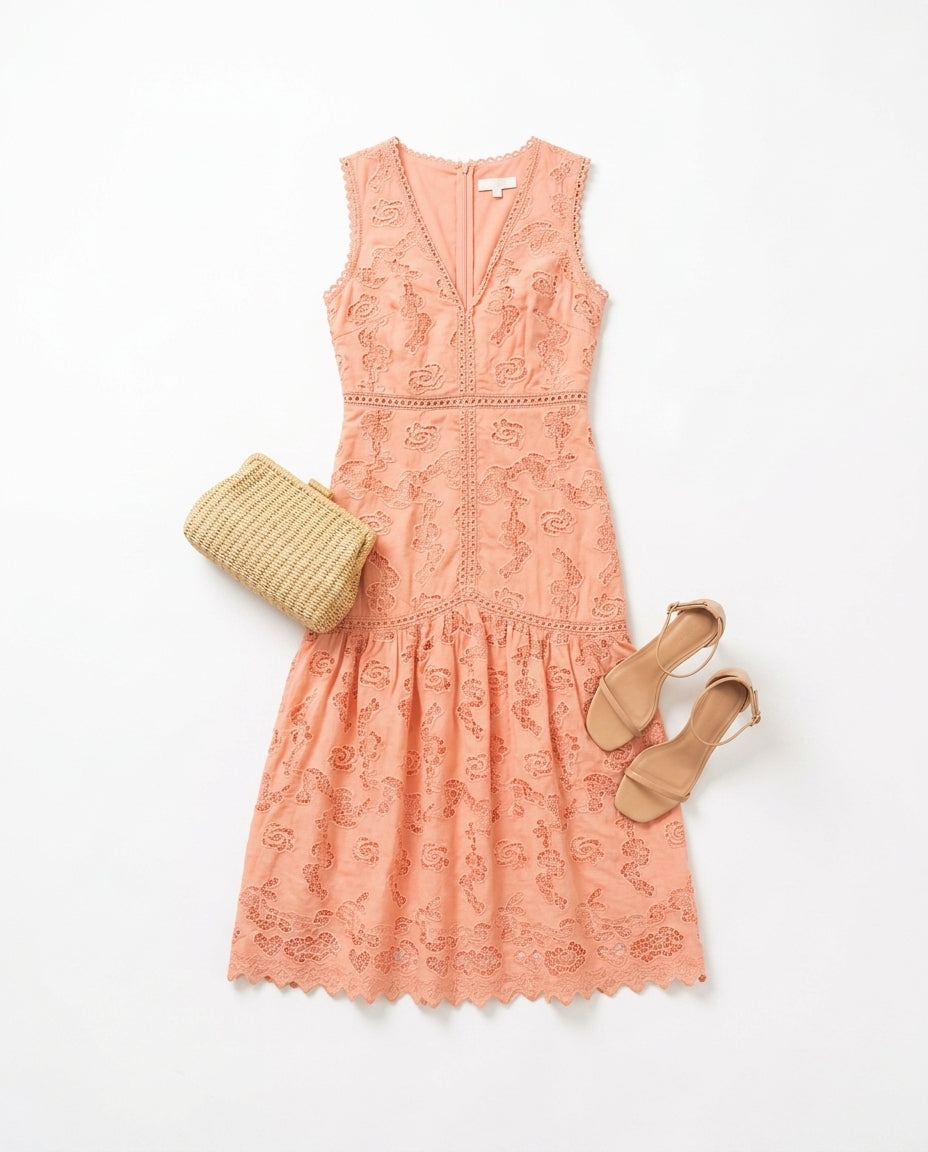Peach Lace Midi Dress