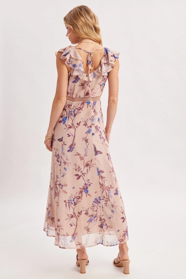 Floral Print Ruffled Sleeve Tie-Back Maxi Dress