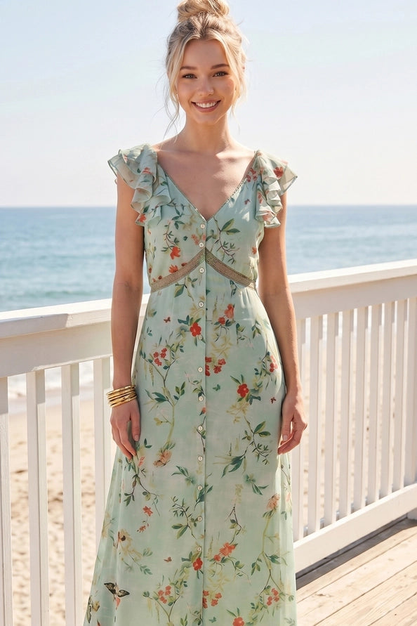 Floral Print Ruffled Sleeve Tie-Back Maxi Dress